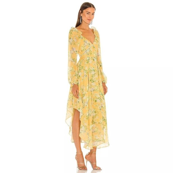 Sau Lee Georgia Long Sleeve V-Neck Floral Asymmetrical Hem Midi Dress Size 6‎ - Picture 1 of 8